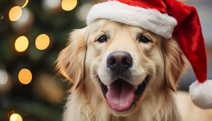 Cute puppy sitting by tree, celebrating with gift generated by AI