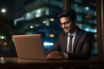 Portrait of young Indian businessman working on laptop computer at night.