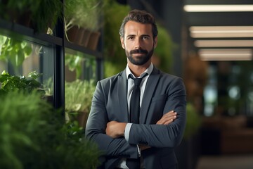 Fototapeta premium Portrait of a confident businessman standing with arms crossed in a modern office