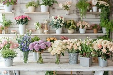 A lush display of assorted roses in various shades of pink, peach, and white, artfully arranged in vases at a bright flower market..