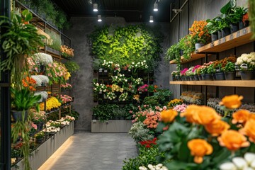 Warm sunlight bathes a cozy floral boutique interior, showcasing a variety of fresh flowers and plants on wooden shelves and displays..