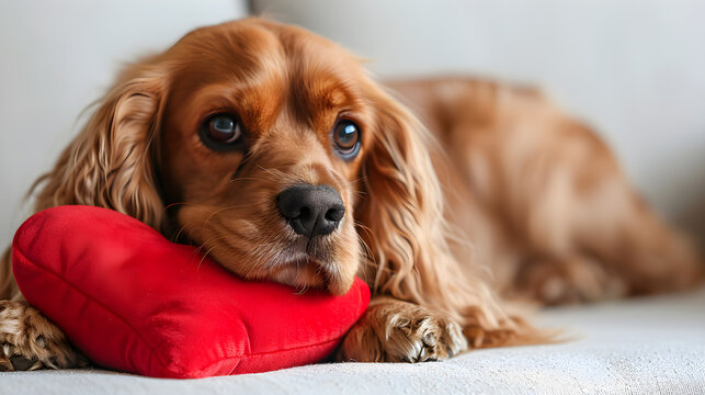 Cocker Spaniel puppy is lying on a red heart-shape pillow on the white bed 