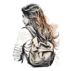Female traveler with backpack standing with her back Portrait drawn strokes