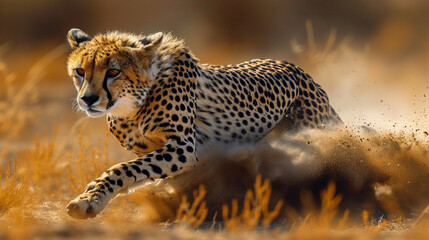 The elusive Saharan Cheetah in full sprint across the desert plains, its slender form and spotted coat blending harmoniously with the arid terrain