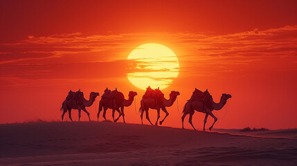 An awe-inspiring shot capturing a group of Dromedary Camels traversing the endless sand dunes, their silhouettes creating a stunning contrast against the setting sun