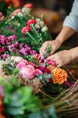 Close-up of a florist's hands skillfully arranging a variety of colorful fresh flowers, creating a beautiful floral bouquet..