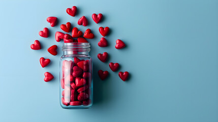 Red heart shaped pills in plastic bottle on the blue background. Concept of love and Valentine's Day - obrazy, fototapety, plakaty