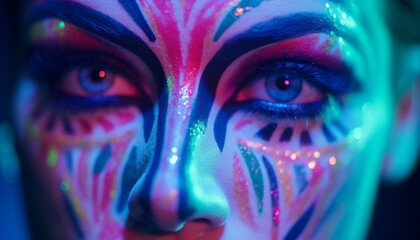 Vibrant colors, futuristic glamour, shining beauty, fantasy face generated by AI