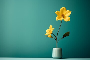 Yellow flower in vase on green background. Minimal concept. - obrazy, fototapety, plakaty