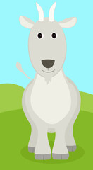 goat in green field, storybook illustration cartoon simple and clean