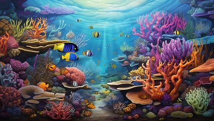 Fototapeta na wymiar Underwater scene with coral reef and tropical fish - illustration for children