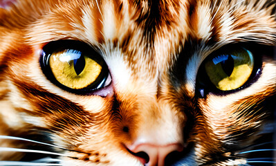 close-up, ginger cat face, portrait of happy ginger cat, whiskered ginger cat, pet, feline face, feline family - obrazy, fototapety, plakaty