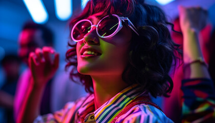 Naklejka premium Young women enjoying the vibrant nightclub atmosphere generated by AI