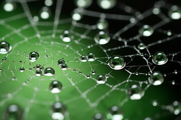 spider web with dew drops close-up on a green background