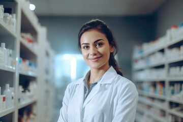 A girl medic in glasses stands in a pharmacy in a white coat in front of shelves with medicines and smiles . Medicine