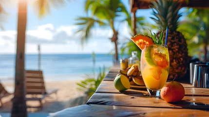  An exotic beach bar scene with tropical cocktails fresh fruits and a picturesque ocean view embodying a vacation vibe. © Mia