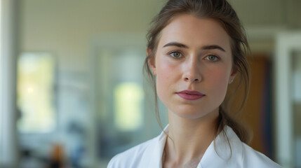 Professional Young Woman Scientist in Lab Coat with Blurred Laboratory Background - Close-up Portrait of Female Researcher in High-Tech Laboratory Setting