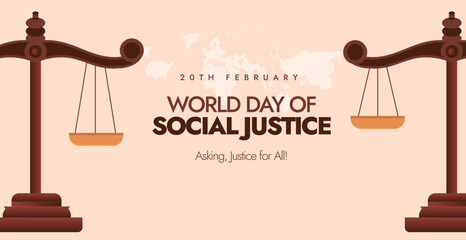 20th February World Day of Social Justice. Asking, Justice for All. Social Justice Day. Justice for everything. World Day for Human Rights Facebook cover with two big justice scales. 2024 - obrazy, fototapety, plakaty