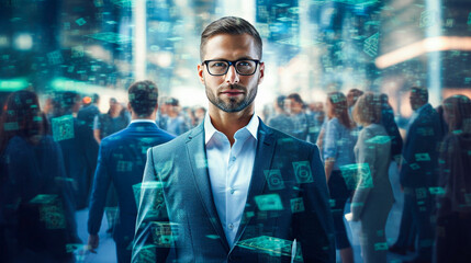 Blurred handsome young businessman with glasses and a beard standing in front of a crowd of business people. - obrazy, fototapety, plakaty