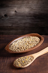 Green lentils in the bowl on the table.
