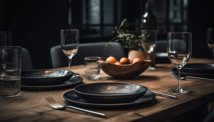 Fototapeta premium Wooden table, elegant wineglass, silverware, empty plate, rustic kitchen utensil generated by AI
