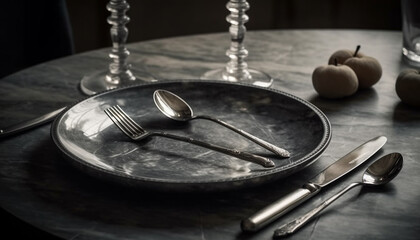 Obraz premium Wooden plate with silverware, a fork and spoon, on table generated by AI