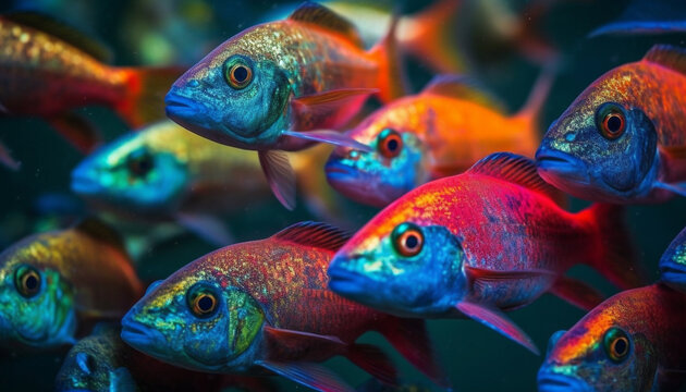 A school of colorful fish swim in a tropical reef generated by AI