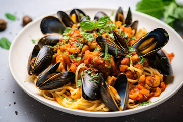 Pasta with mussels and seafood. Generative AI.