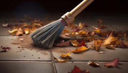 Autumn leaves cover the wooden floor, creating a colorful mess generated by AI