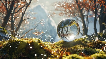 A picturesque 3D landscape featuring a crystal globe on moss in a secluded forest, surrounded by...