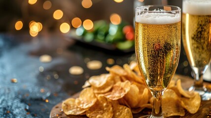 testing refined sparkling wine is combined with potato chips in a harmonious combination of pleasure - obrazy, fototapety, plakaty