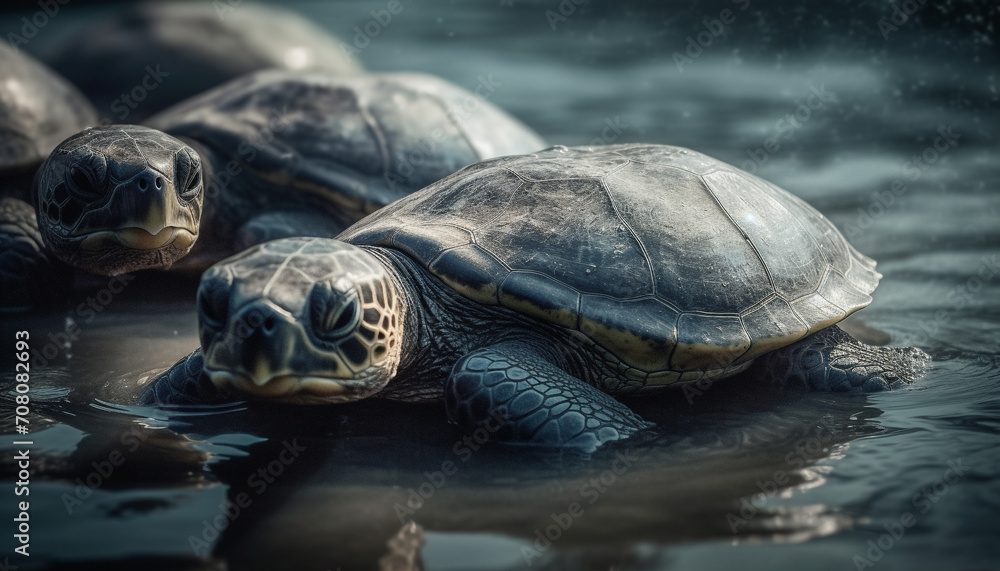 Poster a slow turtle crawls underwater, its shell blending with nature generated by ai