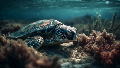 A beautiful sea turtle swimming in the underwater reef generated by AI