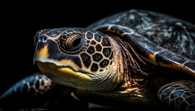 A slow turtle crawls underwater, its shell a multi colored pattern generated by AI