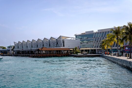 Mal&eacute;, Maldives - April 14, 2023: The domestic terminal and ferry pier of Velana International Airport