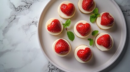 Valentins day Gastronomy Art, Heart-Shaped Strawberry Cheesecake Bites on a Pristine White Plate, Romantic, Minimalist Aesthetic