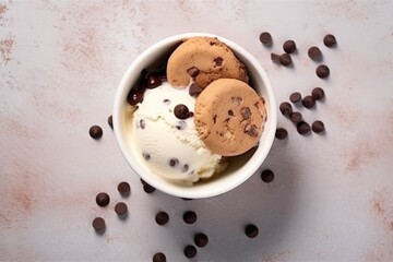 elegant glass bowl with scoops of vanilla ice cream, decorated with chocolate topping, on a light table with a blurred blue background, next to cookies with chocolate drops