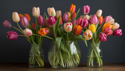 Vibrant tulip bouquet brings beauty and romance to indoor celebration generated by AI