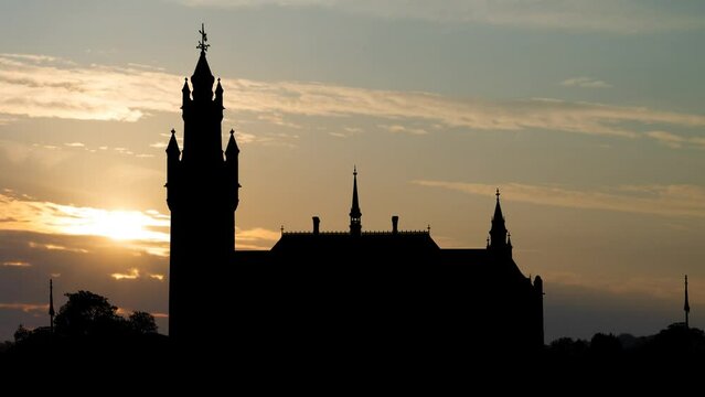 Peace Palace, International Court of Justice, Time Lapse at Sunrise with Colorful Sky, The Hague, Netherlands