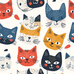 Kid-Friendly Smiling Cat Face Seamless Pattern