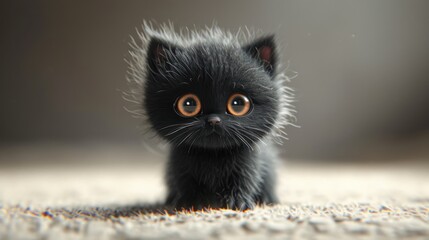 Fototapeta premium Cute fluffy black kitten. Looks at the camera. 3d rendering