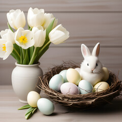 Naklejka na ściany i meble Easter still life containing a wicker basket with painted eggs in pastel colors and a white bunny rabbit and a vase with white tulips on wooden background. AI generated image