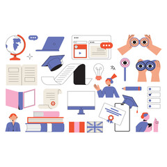 People study set. Education, knowledge concept. Students learn online. Computer science, information technology, language and business courses. Flat vector illustrations isolated on background