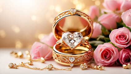 Fototapeta na wymiar Beautiful gold ring with diamond in the shape of a heart, flowers