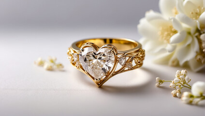 Beautiful gold ring with diamond in the shape of a heart, flowers expensive
