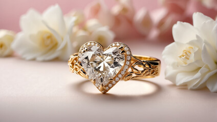 Beautiful gold ring with diamond in the shape of a heart, flowers jewel