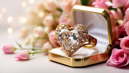 Beautiful gold ring with diamond in the shape of a heart, flowers festive