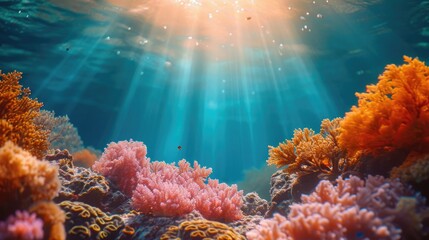 Fototapeta na wymiar Marine Ecosystem, Coral Reefs Affected by Microplastics, Underwater Shot, Serene, Natural Underwater Light, Vibrant Corals