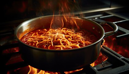 Pan Filled With Noodles on Top of Stove, Cooking Pasta for a Delicious Meal - obrazy, fototapety, plakaty