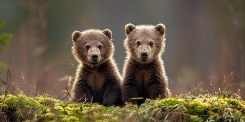 Twin Cubs in Twilight: Calm Moment in the Wild Amongst Soft Moss and Dim Light